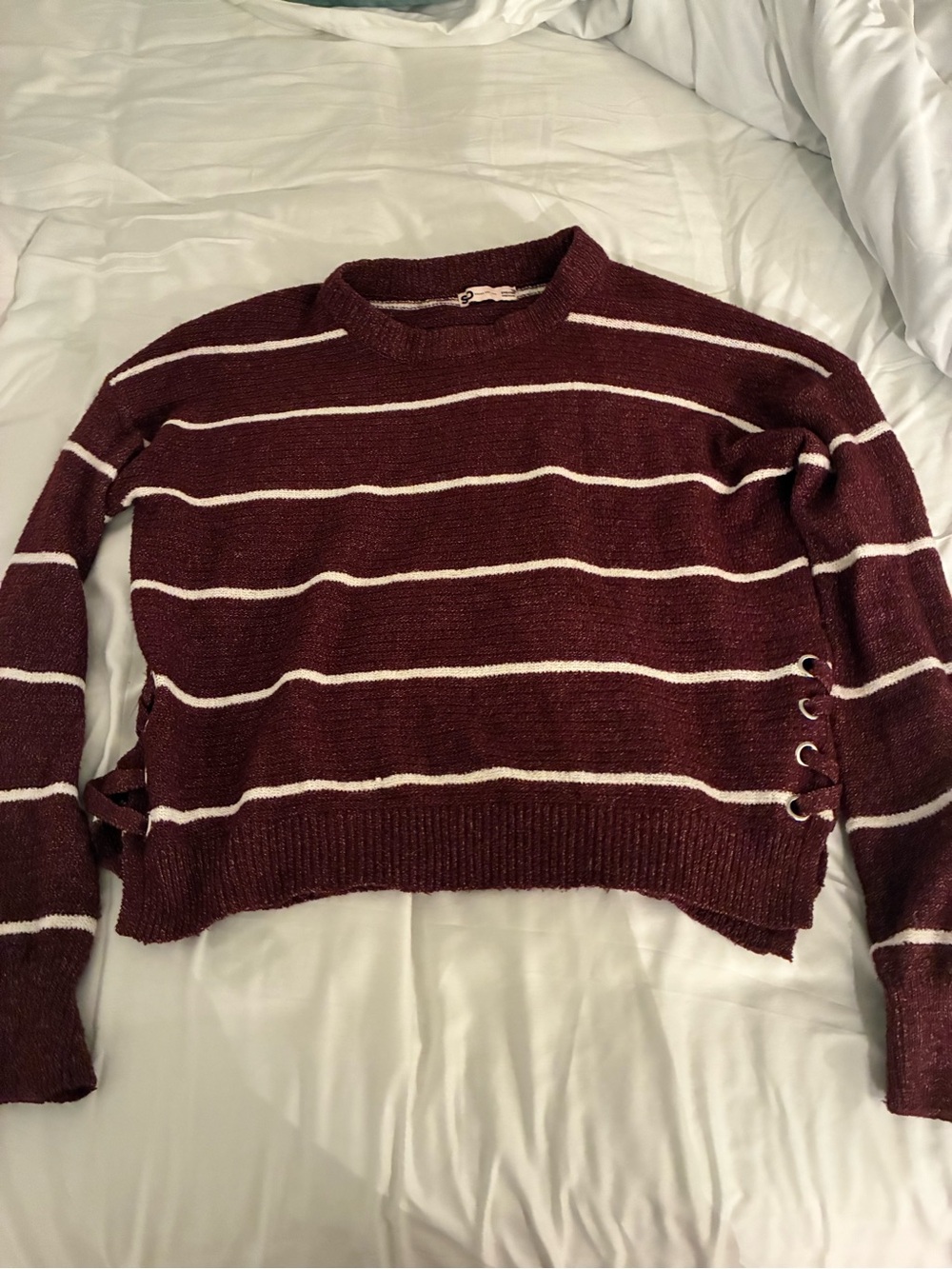 SO Burgundy and White Striped Crewneck Sweater with Side Lace-Up